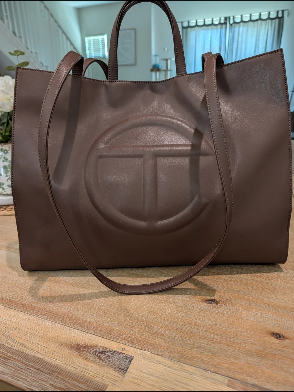 Telfar Large Chocolate Leather Tote Bag
